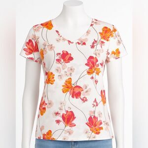 Croft & Barrow White Orange Floral V-Neck 100% Cotton Tee Shirt Women’s L